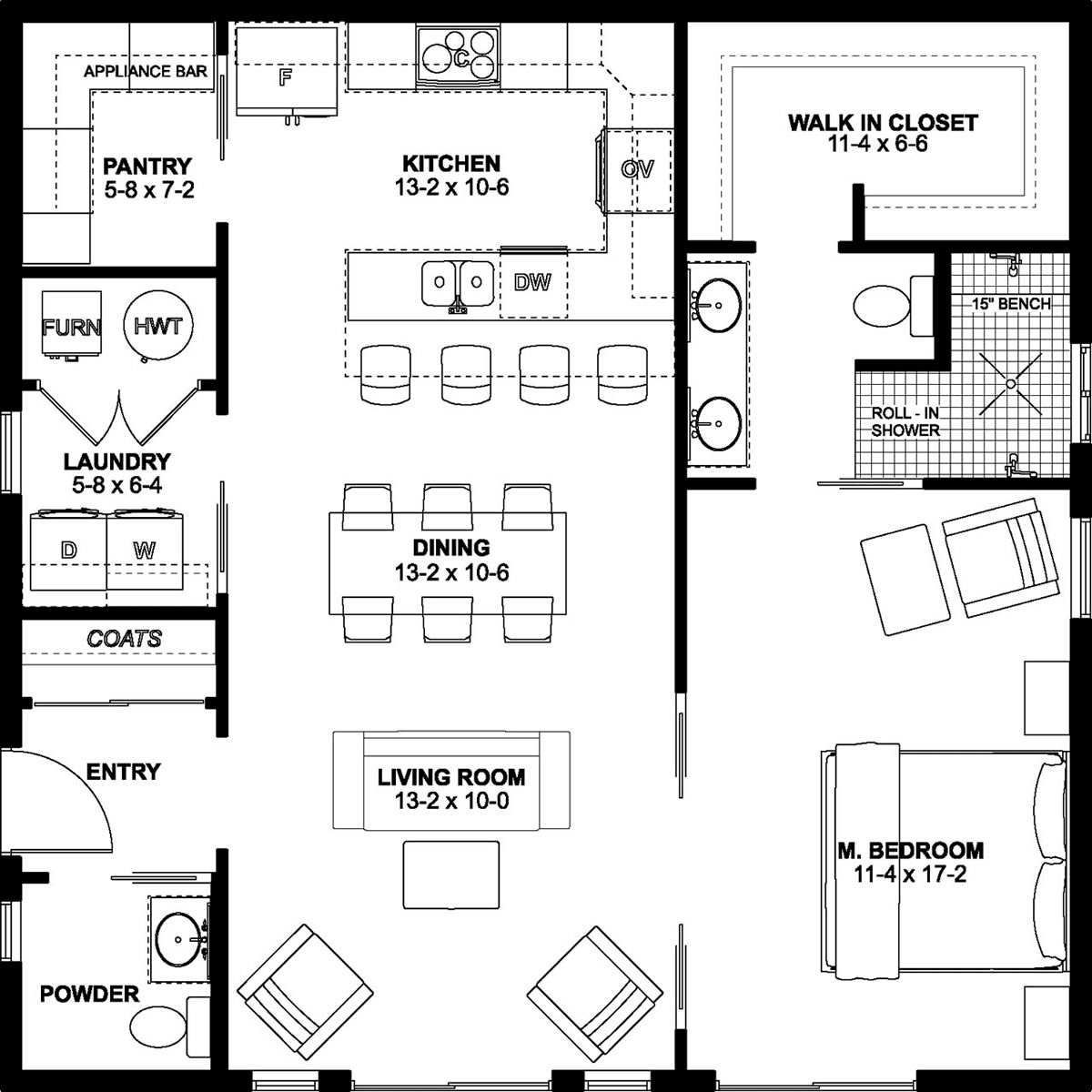 Bungalow, Cabin, Cape Cod, Contemporary, Cottage, Farmhouse, Ranch House Plan 80508 with 1 Beds, 2 Baths Level One