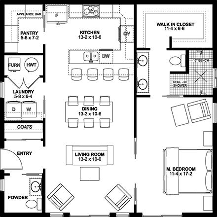 Bungalow, Cabin, Cape Cod, Contemporary, Cottage, Farmhouse, Ranch House Plan 80508 with 1 Beds, 2 Baths First Level Plan