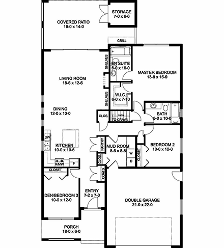 Bungalow, Contemporary, Prairie House Plan 80514 with 3 Beds, 2 Baths, 2 Car Garage First Level Plan