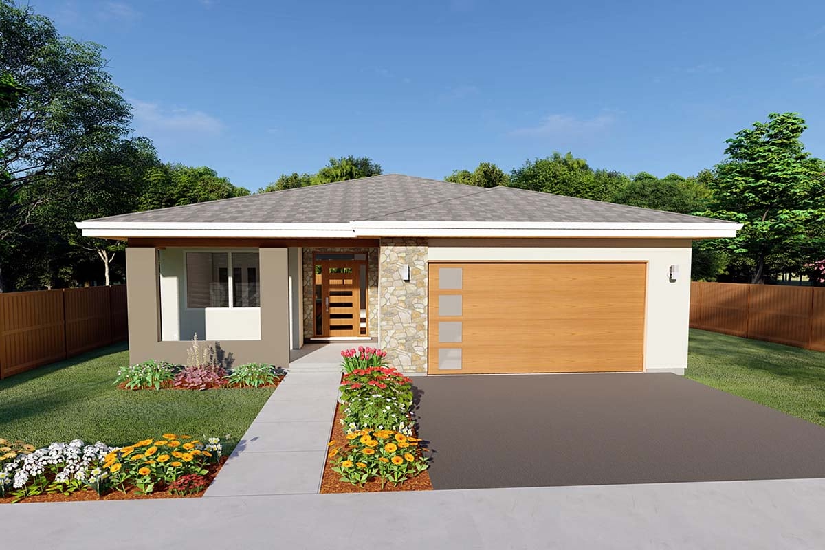 Bungalow, Contemporary, Prairie House Plan 80514 with 3 Beds, 2 Baths, 2 Car Garage Elevation