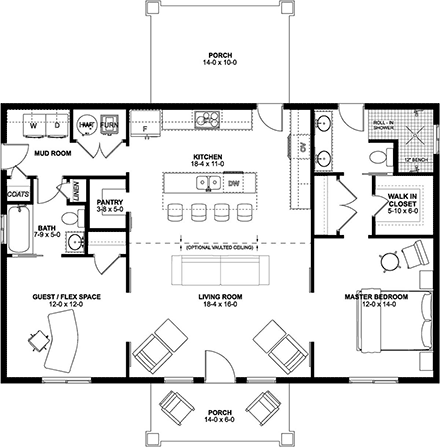 Cabin, Country, Craftsman, Ranch House Plan 80526 with 2 Beds, 2 Baths First Level Plan