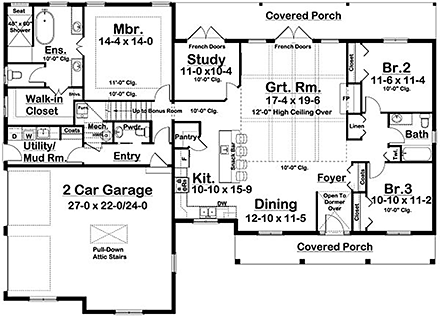Country, Farmhouse, Ranch House Plan 80527 with 3 Beds, 3 Baths, 2 Car Garage First Level Plan