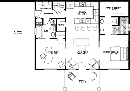 Cabin, Country, Ranch House Plan 80530 with 2 Beds, 2 Baths, 1 Car Garage First Level Plan