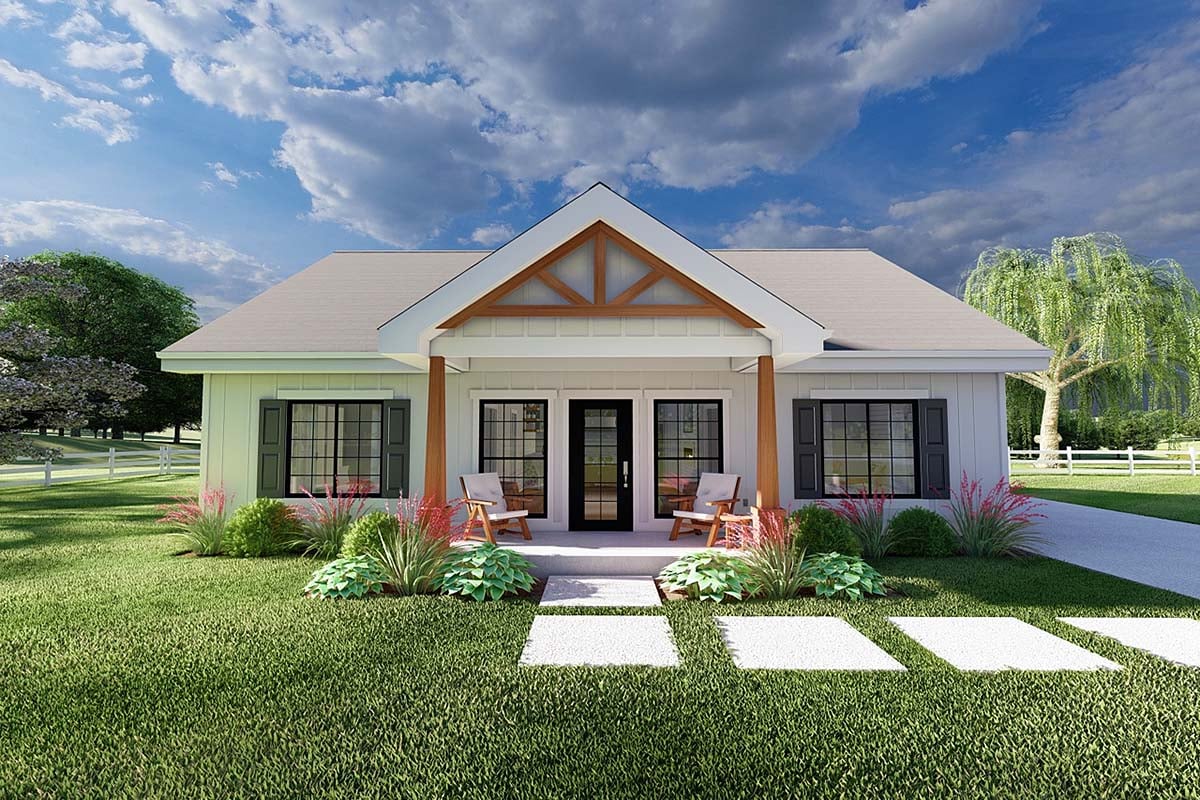 Country, Craftsman, Farmhouse, Ranch Plan with 1360 Sq. Ft., 3 Bedrooms, 2 Bathrooms Elevation