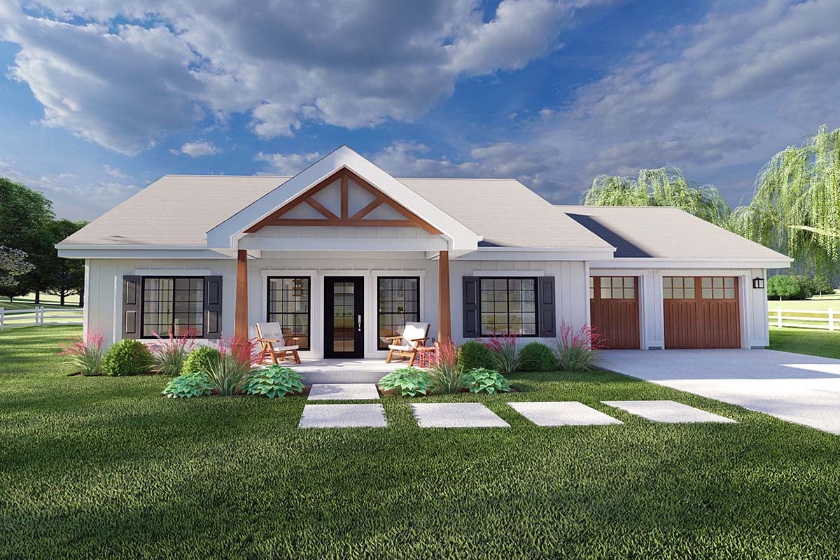 Country, Craftsman, Farmhouse, Ranch Plan with 1360 Sq. Ft., 3 Bedrooms, 2 Bathrooms, 2 Car Garage Elevation