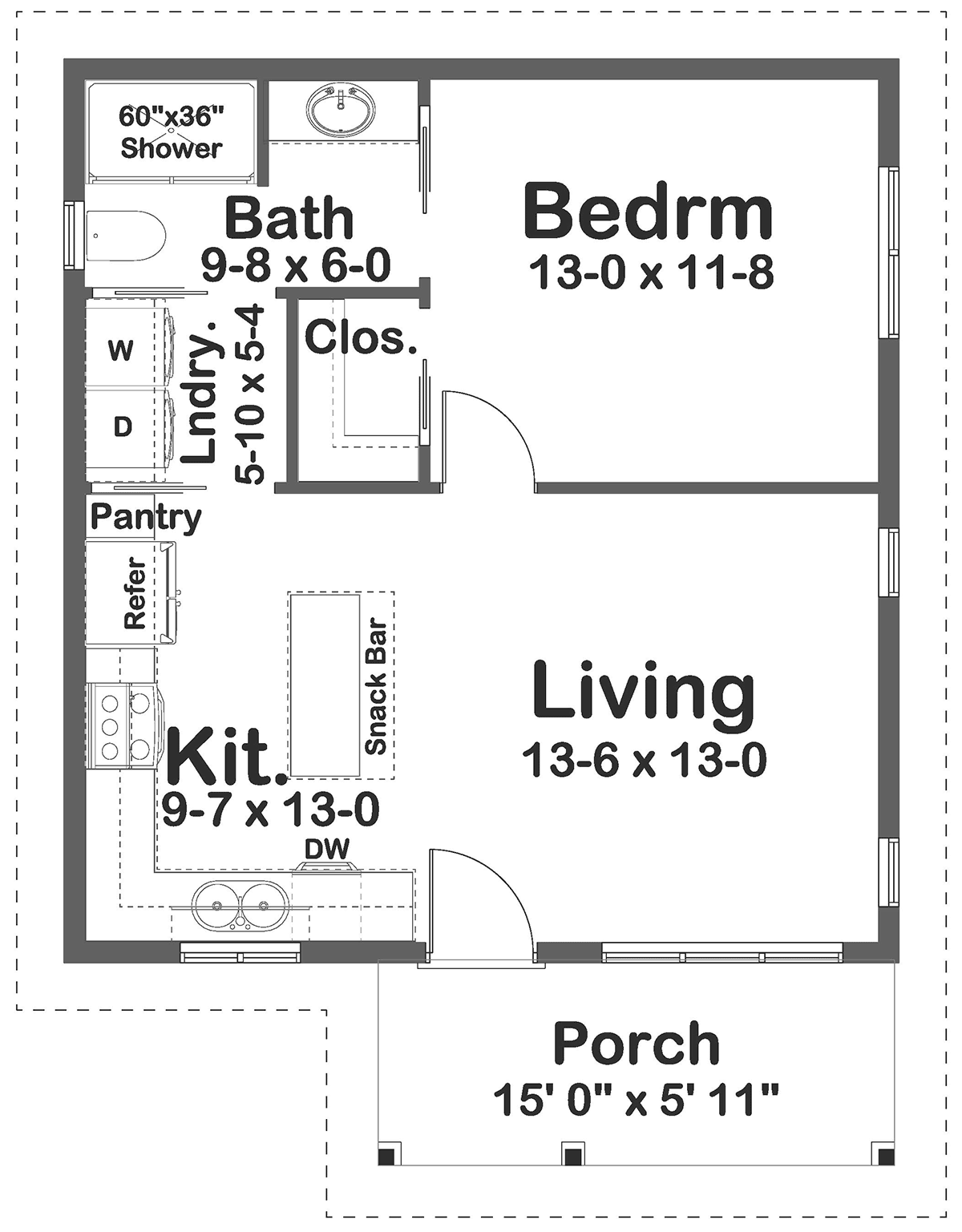 House Plan 80539 - Ranch Style with 624 Sq Ft, 1 Bed, 1 Bath