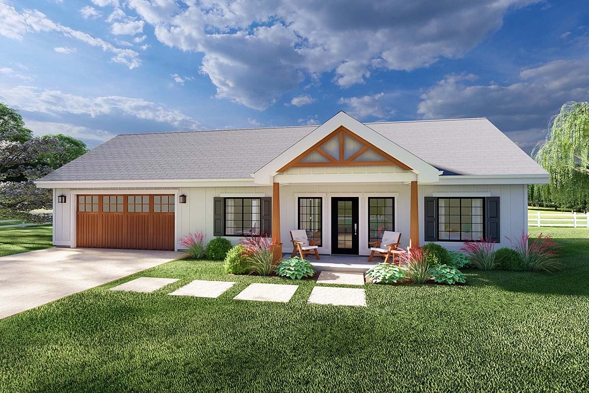 Country, Craftsman, Farmhouse, Ranch Plan with 988 Sq. Ft., 2 Bedrooms, 2 Bathrooms, 2 Car Garage Elevation