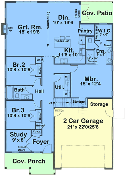 Contemporary, Country, Farmhouse, Ranch, Traditional House Plan 80547 with 3 Beds, 2 Baths, 2 Car Garage First Level Plan