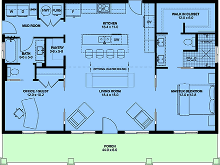 Country, Ranch House Plan 80556 with 2 Beds, 2 Baths First Level Plan