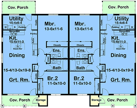 Country, Craftsman, Farmhouse, Ranch, Traditional Multi-Family Plan 80557 with 4 Beds, 4 Baths First Level Plan