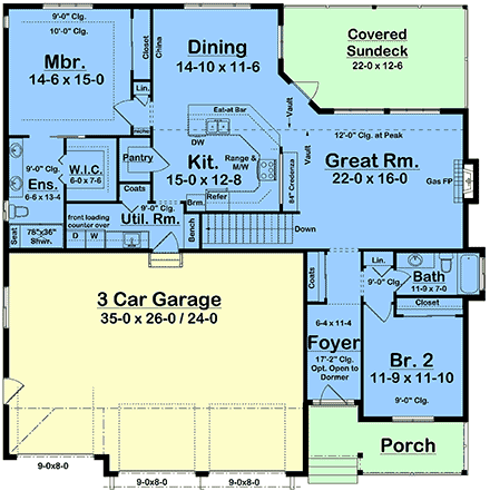 Contemporary, Country, Farmhouse, Ranch House Plan 80559 with 2 Beds, 2 Baths, 3 Car Garage First Level Plan