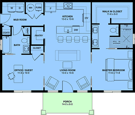 Barndominium, Contemporary, Farmhouse, Ranch House Plan 80564 with 2 Beds, 2 Baths First Level Plan
