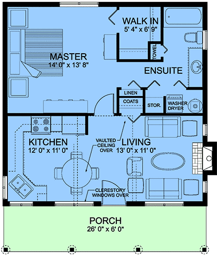 Cabin, Cottage, Ranch House Plan 80565 with 1 Beds, 1 Baths First Level Plan