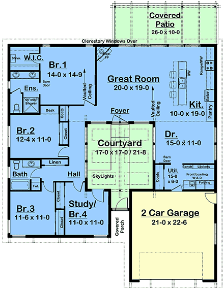 Contemporary, Modern, Ranch House Plan 80566 with 4 Beds, 2 Baths, 2 Car Garage First Level Plan