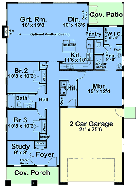 Contemporary, Modern, Ranch House Plan 80567 with 3 Beds, 2 Baths, 2 Car Garage First Level Plan