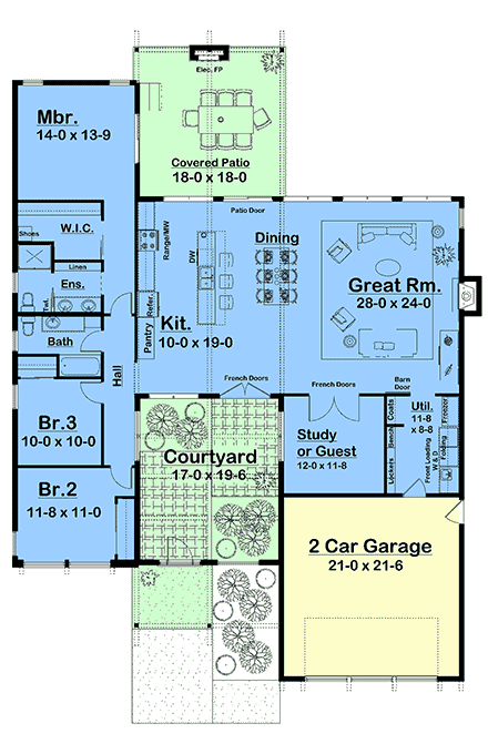 Contemporary, Modern, Ranch House Plan 80568 with 4 Beds, 2 Baths, 2 Car Garage First Level Plan