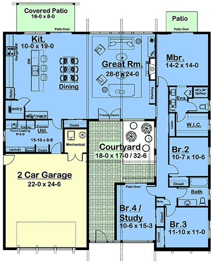 Contemporary, Modern, Ranch House Plan 80569 with 4 Beds, 2 Baths, 2 Car Garage First Level Plan