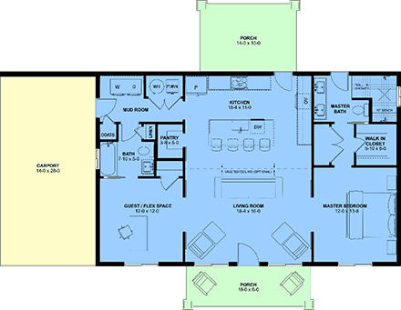 Contemporary, Country, Craftsman, Farmhouse, Ranch House Plan 80573 with 2 Beds, 2 Baths, 1 Car Garage First Level Plan
