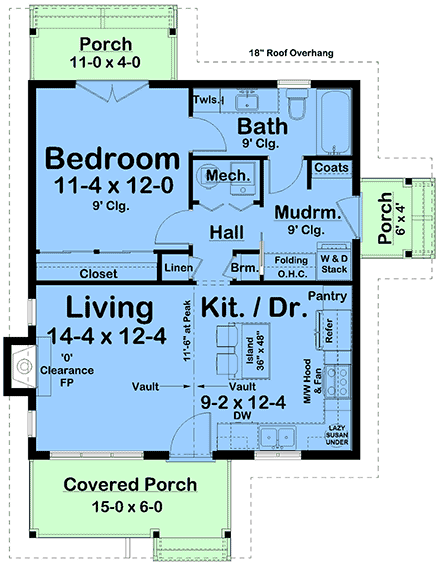 Bungalow, Contemporary, Cottage, Craftsman, Farmhouse, Ranch House Plan 80574 with 1 Beds, 1 Baths First Level Plan