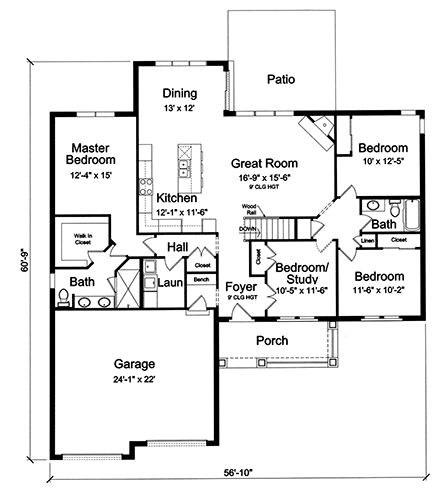 Craftsman House Plan 80630 with 4 Beds, 2 Baths, 2 Car Garage First Level Plan