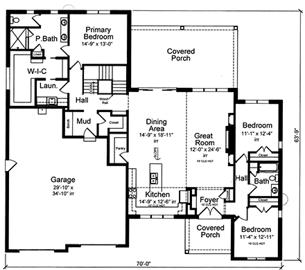 Contemporary, Ranch House Plan 80635 with 3 Beds, 2 Baths, 2 Car Garage First Level Plan