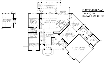 Cabin, Cottage, Craftsman House Plan 80702 with 3 Beds, 3 Baths, 2 Car Garage First Level Plan