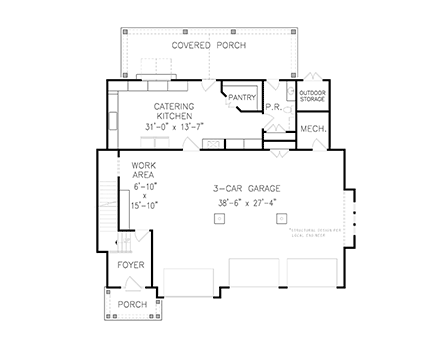 European 3 Car Garage Apartment Plan 80739 with 1 Beds, 2 Baths First Level Plan