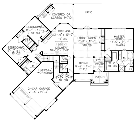 Craftsman, Ranch House Plan 80750 with 3 Beds, 3 Baths, 2 Car Garage First Level Plan