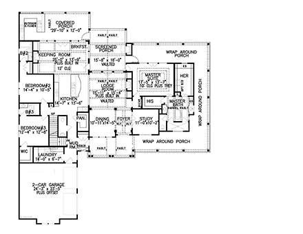 Country, Craftsman, Farmhouse, Southern, Traditional House Plan 80759, 2 Car Garage First Level Plan