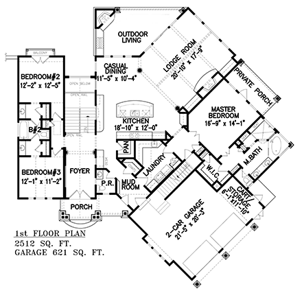 Craftsman, Ranch, Traditional House Plan 80762 with 3 Beds, 2 Baths, 2 Car Garage First Level Plan