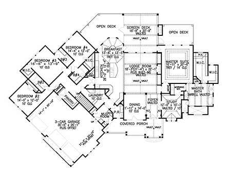 Craftsman, Ranch, Traditional House Plan 80766 with 4 Beds, 5 Baths, 3 Car Garage First Level Plan