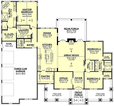 Country, Craftsman, Farmhouse, Ranch House Plan 80801 with 3 Beds, 3 Baths, 3 Car Garage First Level Plan