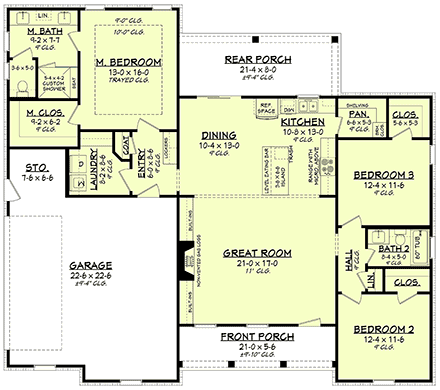 Cottage, Country, Farmhouse House Plan 80802 with 3 Beds, 2 Baths, 2 Car Garage First Level Plan
