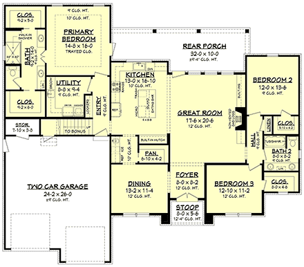Farmhouse, French Country House Plan 80807 with 3 Beds, 2 Baths, 2 Car Garage First Level Plan