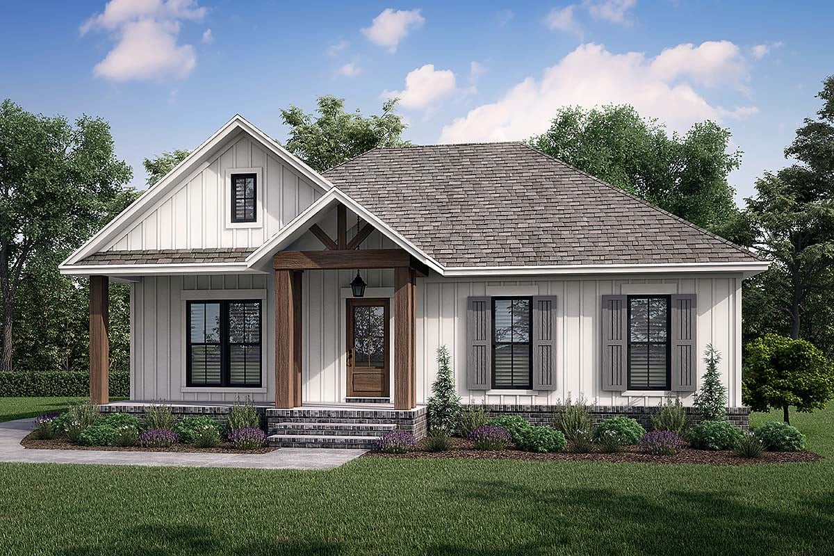 Cottage, Country, Farmhouse Plan with 1301 Sq. Ft., 2 Bedrooms, 2 Bathrooms, 2 Car Garage Elevation