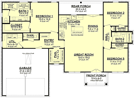 Bungalow, Country, Craftsman, Farmhouse, Ranch House Plan 80818 with 3 Beds, 3 Baths, 2 Car Garage First Level Plan