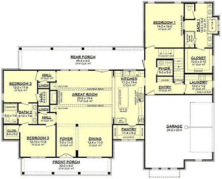 Contemporary, Country, Farmhouse, French Country House Plan 80823 with 4 Beds, 4 Baths, 2 Car Garage First Level Plan