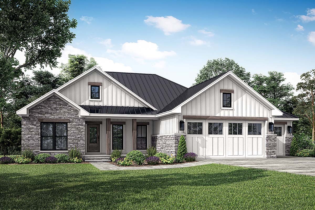 Country, Farmhouse, Traditional Plan with 1498 Sq. Ft., 3 Bedrooms, 2 Bathrooms, 3 Car Garage Elevation