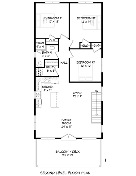 Contemporary, Modern Garage-Living Plan 80901 with 3 Beds, 2 Baths, 4 Car Garage Second Level Plan