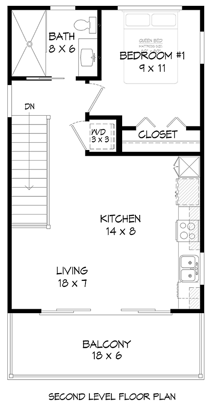 Contemporary, Modern Garage-Living Plan 80902 with 1 Beds, 2 Baths, 1 Car Garage Second Level Plan