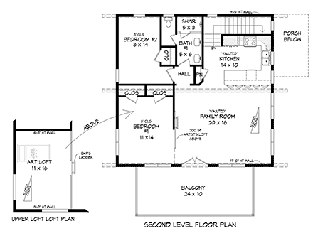 Contemporary, Modern Garage-Living Plan 80903 with 3 Beds, 2 Baths, 2 Car Garage Second Level Plan