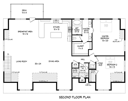 Country, Farmhouse, Ranch, Traditional Garage-Living Plan 80909 with 2 Beds, 3 Baths, 5 Car Garage Second Level Plan