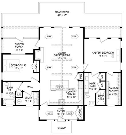 Country, Traditional House Plan 80910 with 2 Beds, 2 Baths First Level Plan