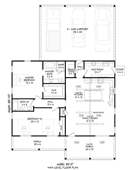Country, Ranch, Traditional House Plan 80916 with 2 Beds, 2 Baths, 3 Car Garage First Level Plan