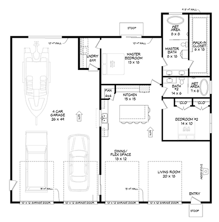 Bungalow, Contemporary, Craftsman, Modern Garage-Living Plan 80937 with 2 Beds, 2 Baths, 4 Car Garage First Level Plan