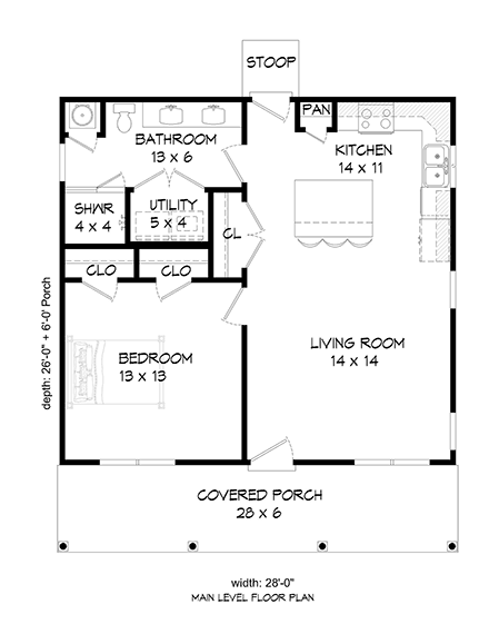 Cottage, Country, Ranch, Traditional House Plan 80942 with 1 Beds, 1 Baths First Level Plan