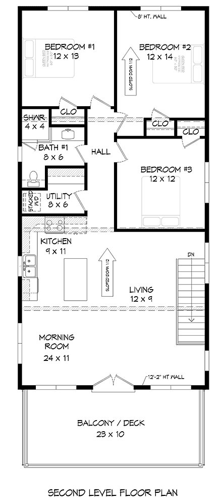 Contemporary, Modern Garage-Living Plan 80943 with 3 Beds, 2 Baths, 1 Car Garage Second Level Plan