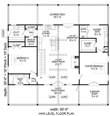Country, Farmhouse, Ranch, Traditional House Plan 80946 with 2 Beds, 2 Baths, 1 Car Garage First Level Plan