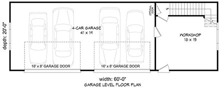 Cape Cod, Coastal, Contemporary, Saltbox Garage-Living Plan 80949 with 2 Beds, 1 Baths, 4 Car Garage First Level Plan