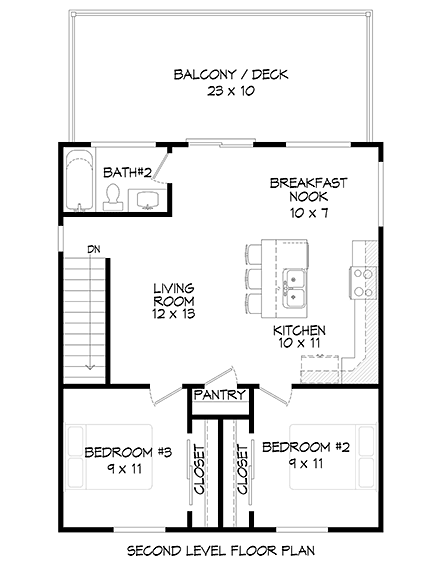 Contemporary, Modern House Plan 80954 with 3 Beds, 2 Baths, 1 Car Garage Second Level Plan